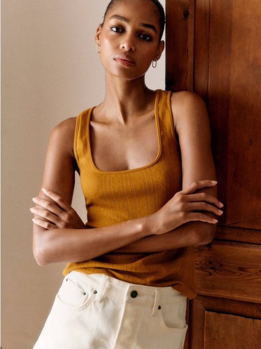 Sezane Juan Gold Pointelle Tank Top Square Neck Line Small Knit Organic Cotton
